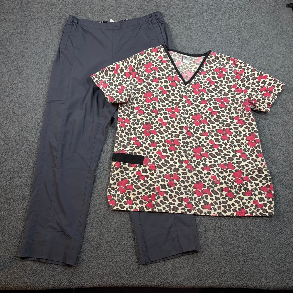 Vera Bradley Scrub Set Womens XL Grey Leopard Heart Top V5109 Cargo Pants Tall